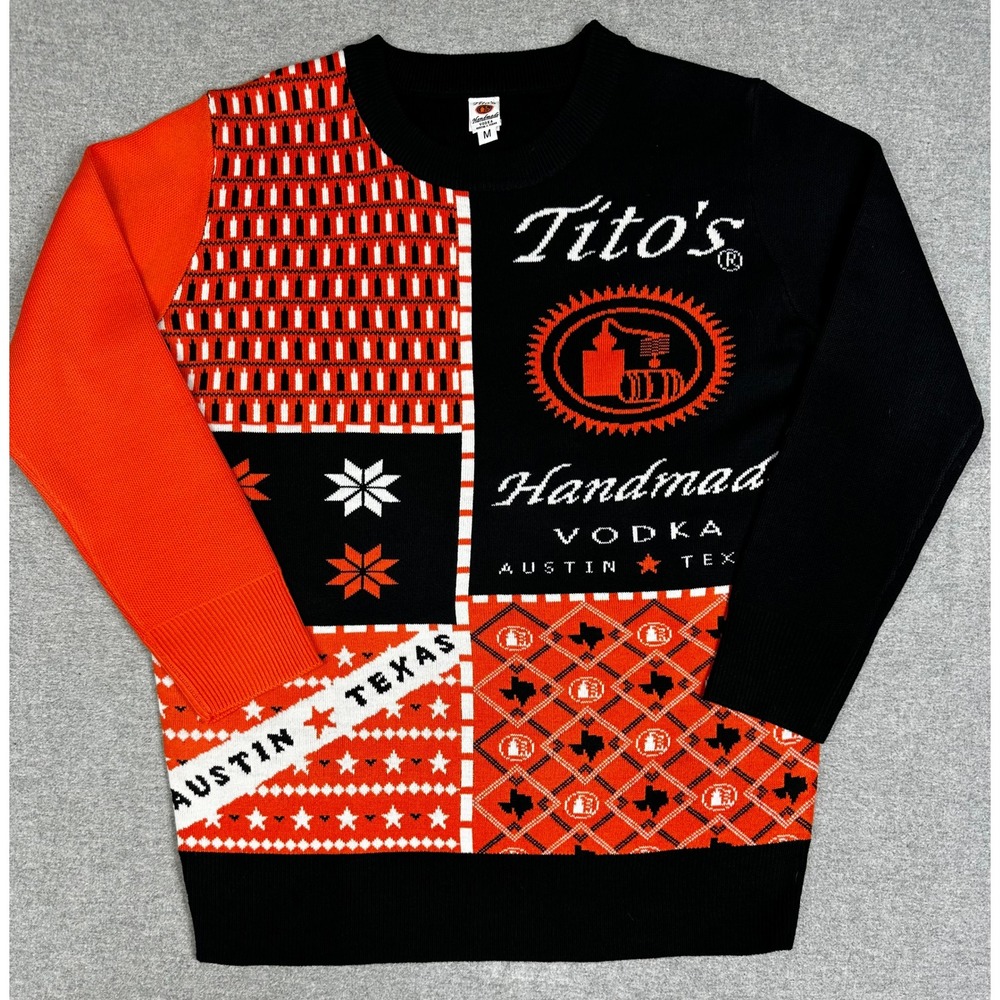 Titos‎ Handmade Vodka Sweater Mens Size M Black Orange Halloween Ugly Holiday
